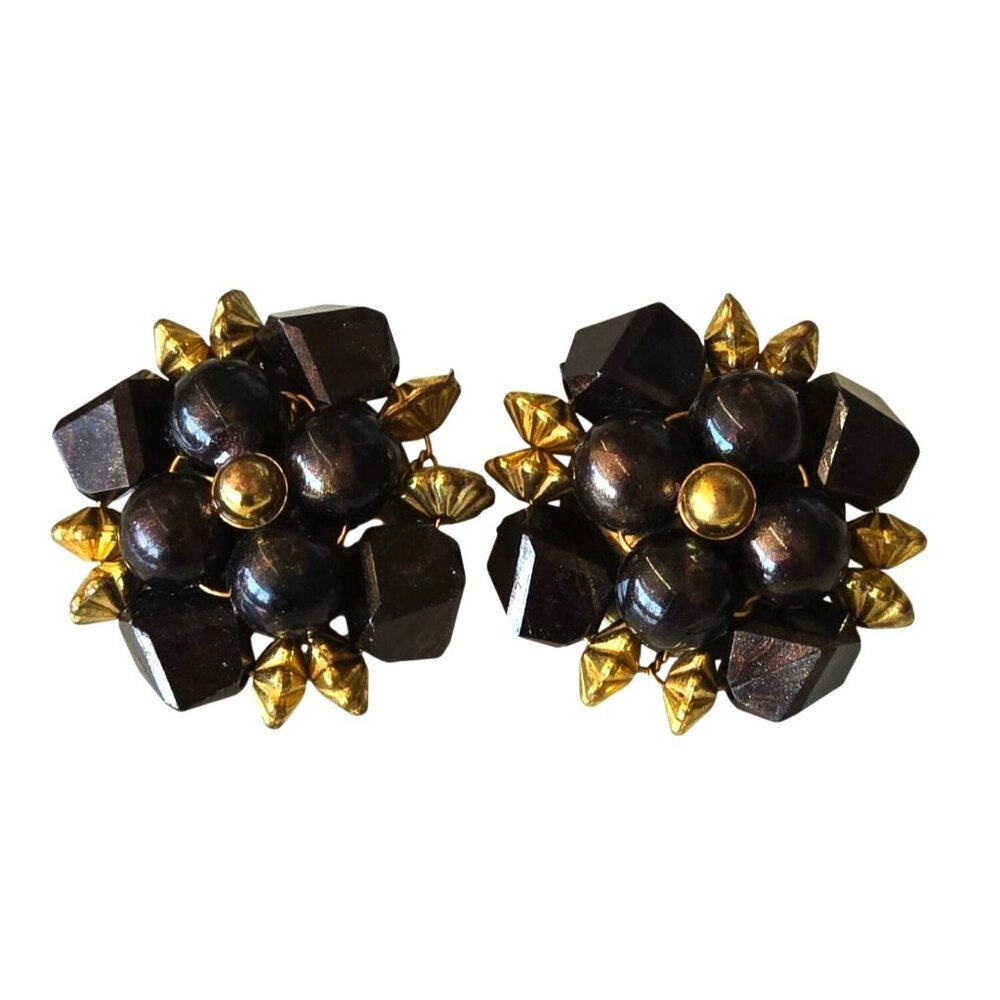 Vintage Floral Clip-On Earrings Gold & Brown Bead Design Retro Costume Jewelry